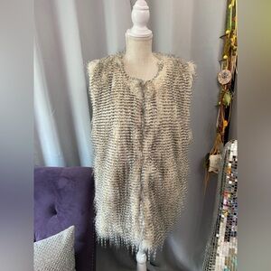 WORLD MARKET OS FAUX FUR BLACK CREAM LINED VEST